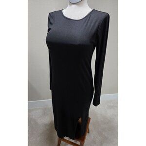 Black Ribbed Long-Sleeve Midi Dress With Side Slit Womens L